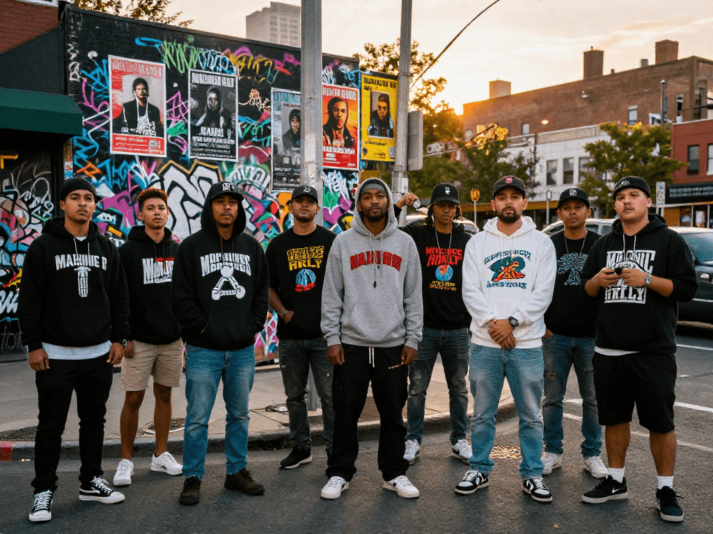 Fans showcasing rokok88 daftar exclusive Machine Gun Kelly merchandise in vibrant streetwear setting
