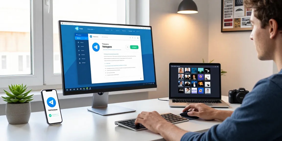 Engaging with the Telegram Web Version in a modern workspace with high-resolution screens and tech decor