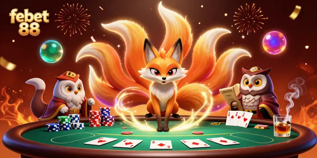 Experience the vibrant energy of febet 88 with a colorful 3D illustration of a glowing nine-tailed fox and wise owl sage.