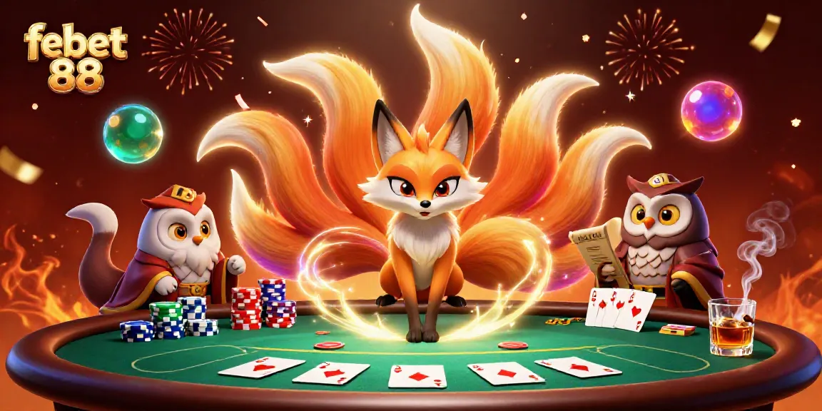 Experience the vibrant energy of febet 88 with a colorful 3D illustration of a glowing nine-tailed fox and wise owl sage.