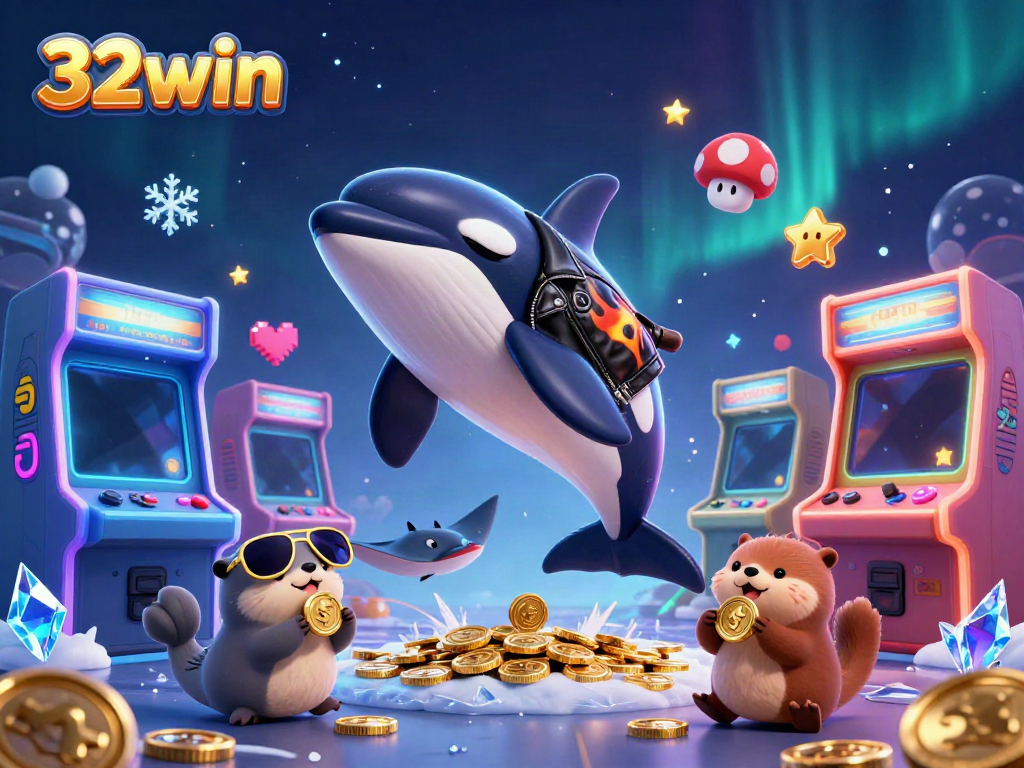 Join the excitement at 32win with a vibrant illustration of gaming fun featuring cartoon sea animals and casino elements.