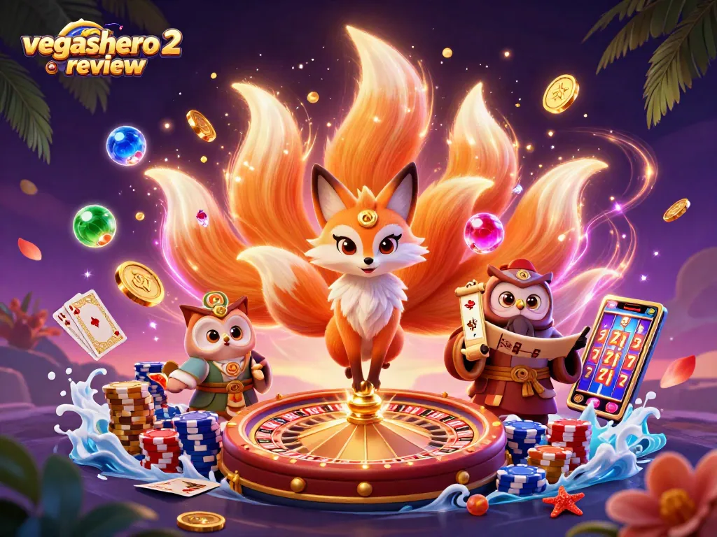 Engage with vegashero 2 review showcasing a vibrant 3D casino scene filled with characters and gaming elements