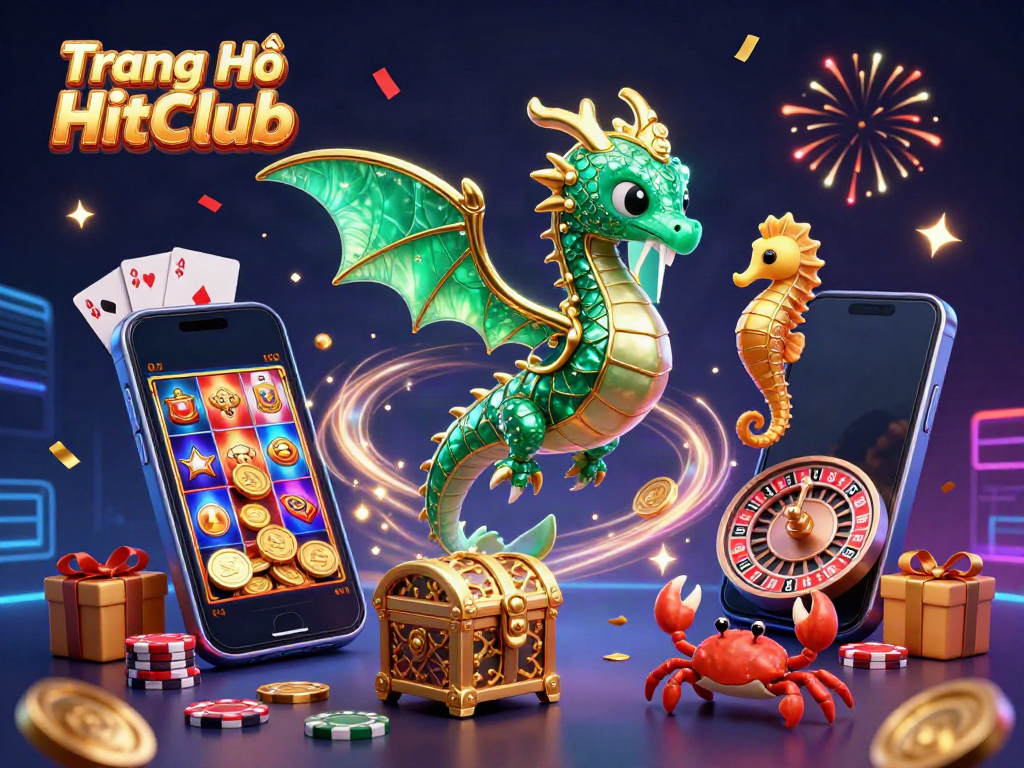 Engaging illustration showcasing Trang Chủ HitClub with dragon, sea creatures, and dynamic casino game elements.