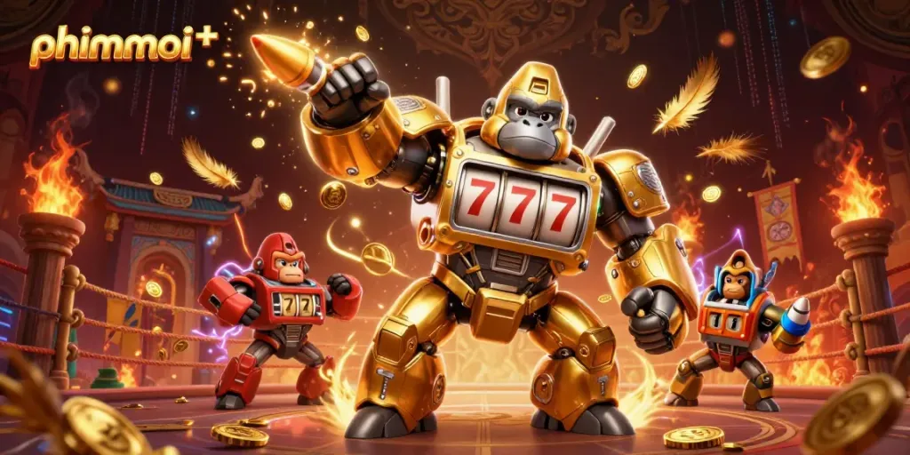 A golden mech gorilla bringing luck in the phimmoi+ gaming world, surrounded by vibrant elements.