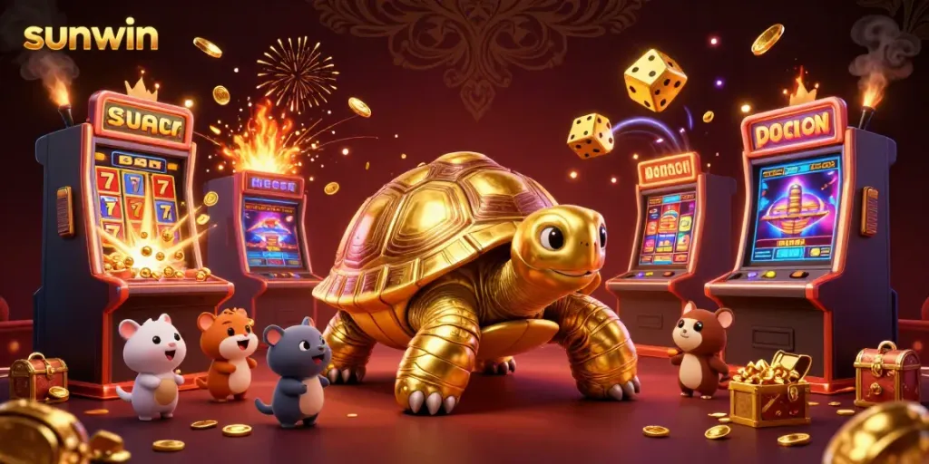 Experience the excitement of sunwin as players engage with vibrant casino games in a colorful 3D illustration.