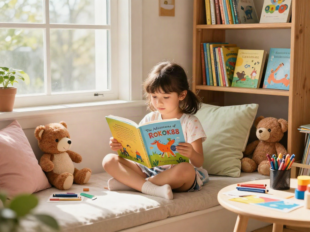 Young girl enjoying a ROKOK88 storybook in a cozy reading nook.