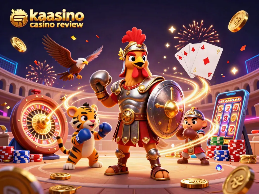 Kaasino casino review showcases an exciting 3D scene with a gladiator rooster and dynamic casino elements.