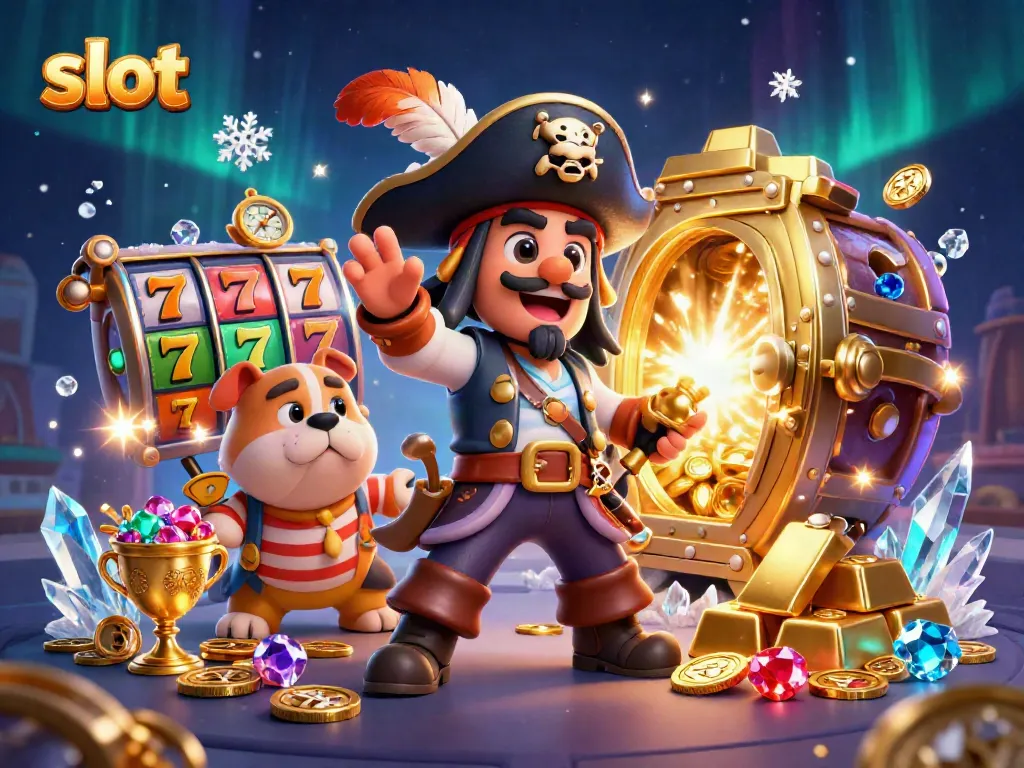 Spin the slot reels with a lively scene of pirate characters in a treasure-filled casino.