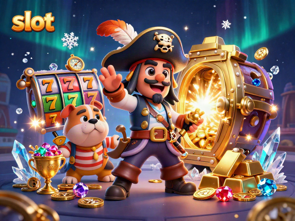 Spin the slot reels with a lively scene of pirate characters in a treasure-filled casino.