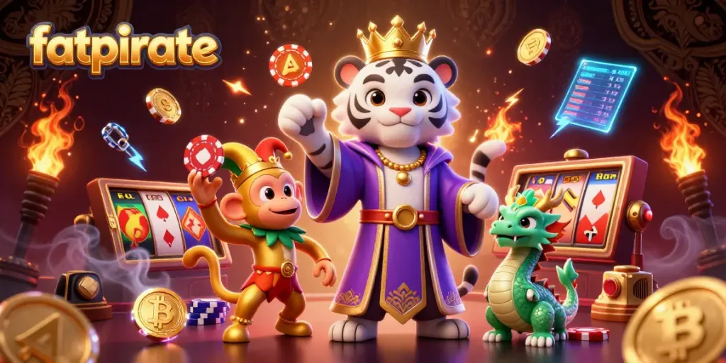 Experience the thrilling atmosphere of fatpirate casino with vibrant characters and crypto elements lighting up the scene.