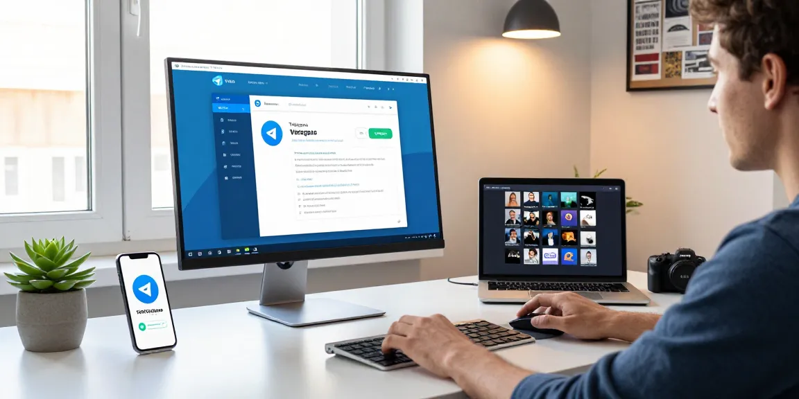 Engaging with the Telegram Web Version in a modern workspace with high-resolution screens and tech decor
