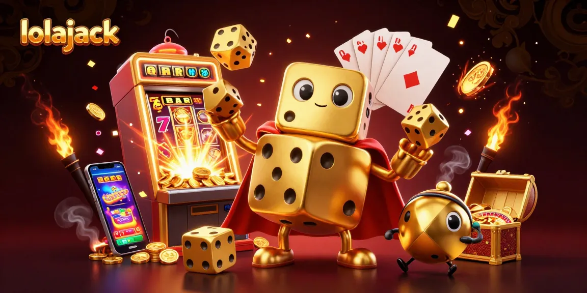 Experience the excitement of lolajack as the golden dice golem juggles wins at a vibrant casino scene.