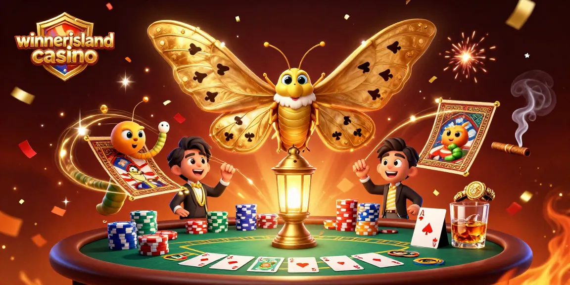 Win big at winnerislandcasino with lively card games, golden moths, and vibrant casino elements.