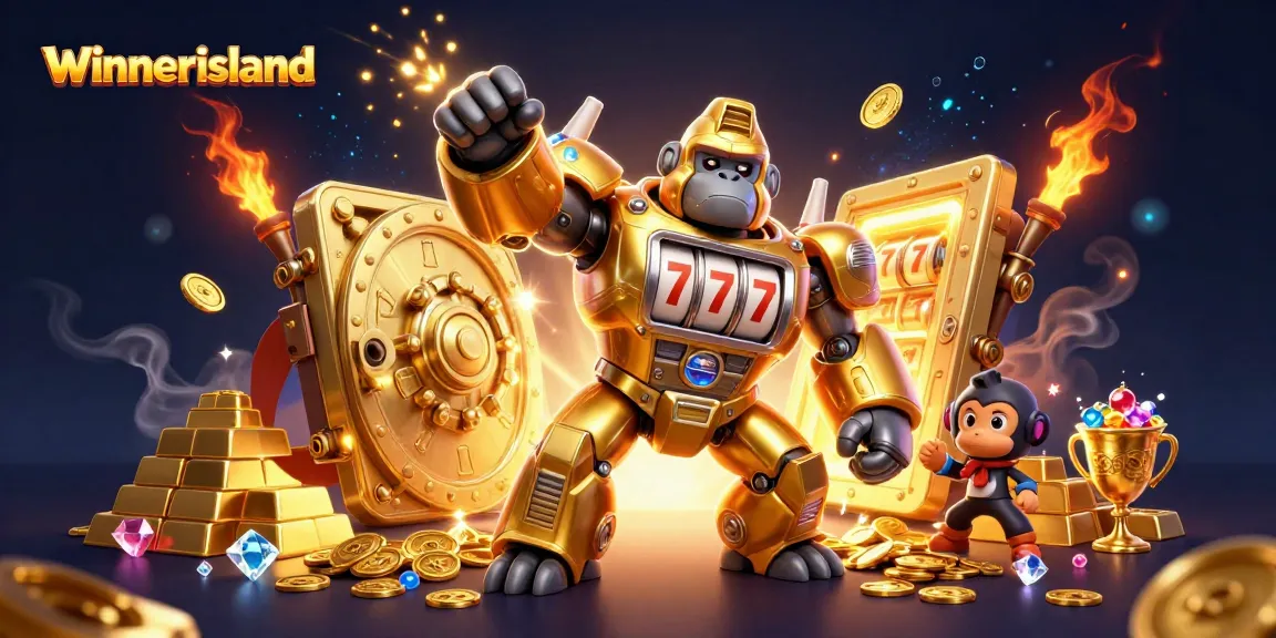 Experience the thrill of winning with winnerisland's cartoon-inspired golden gorilla mech and treasure.