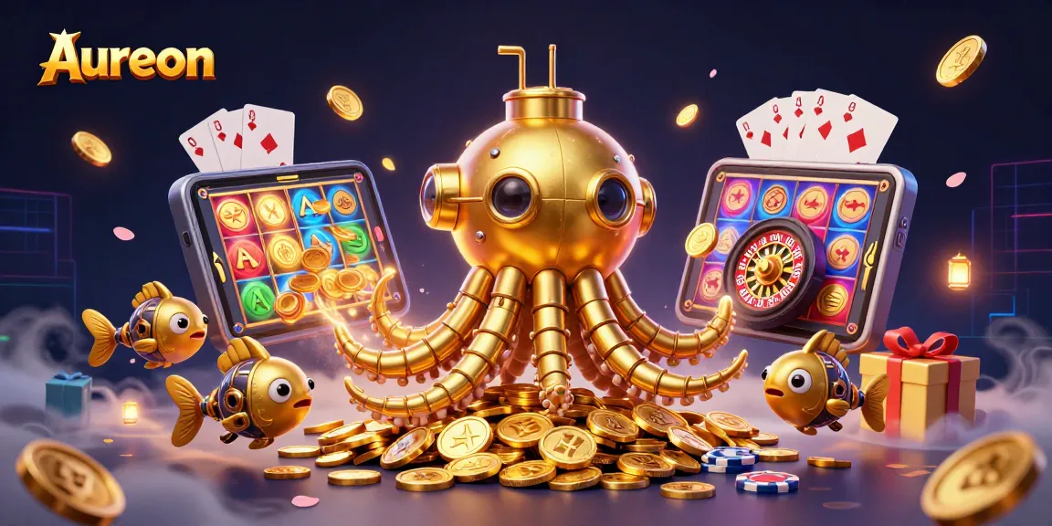 Aureon casino attracts players with a dynamic 3D scene of a golden kraken submarine amidst casino elements.