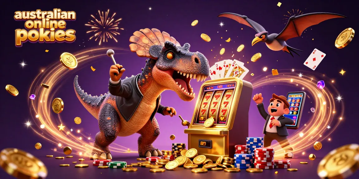Experience vibrant australian online pokies action with playful characters and jackpot coins in a dynamic casino scene.